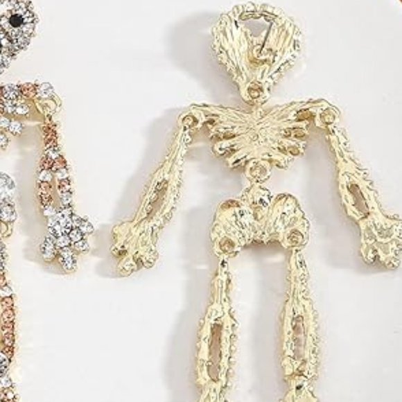 Dangling Skeleton Champagne Gold Rhinestone Earrings Halloween New CZ Skeletons - Picture 3 of 3